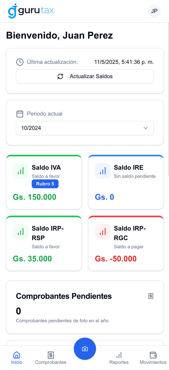 Dashboard principal Gurú TAX